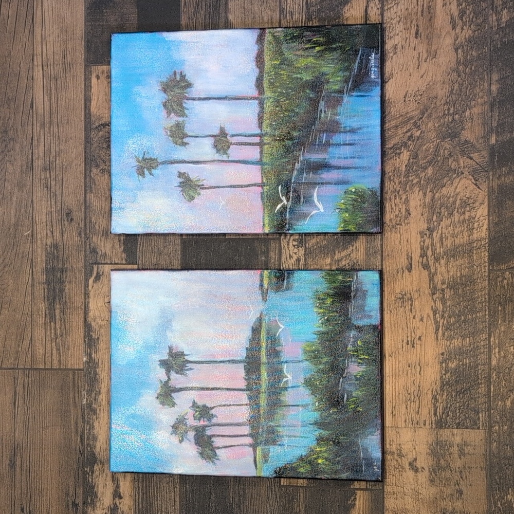 Palm Trees Morning In Paradise Set Of 2 Stretched Canvas Diptychs New Originals
